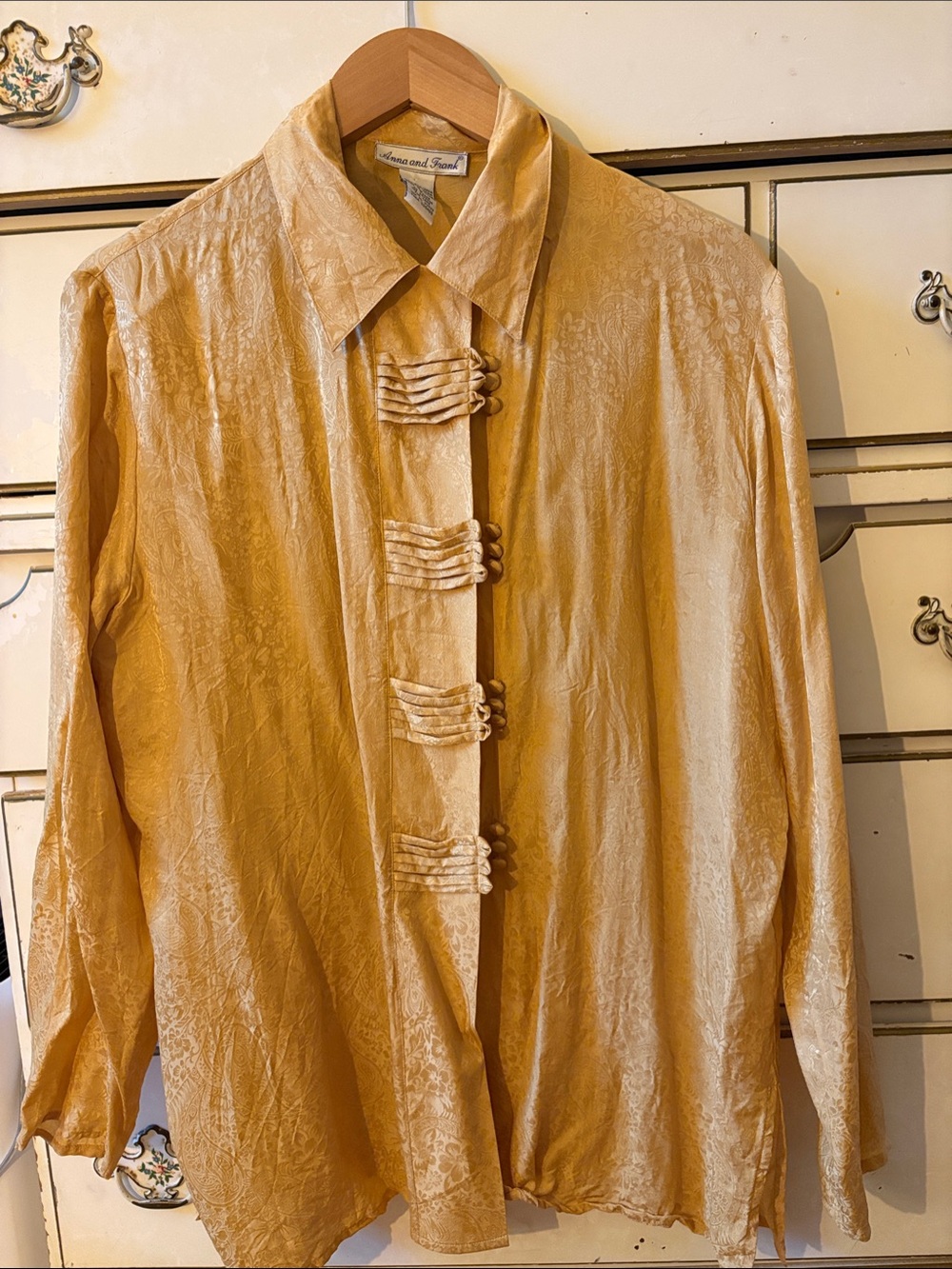 Vintage-Inspired Gold silk Button-Front shirt